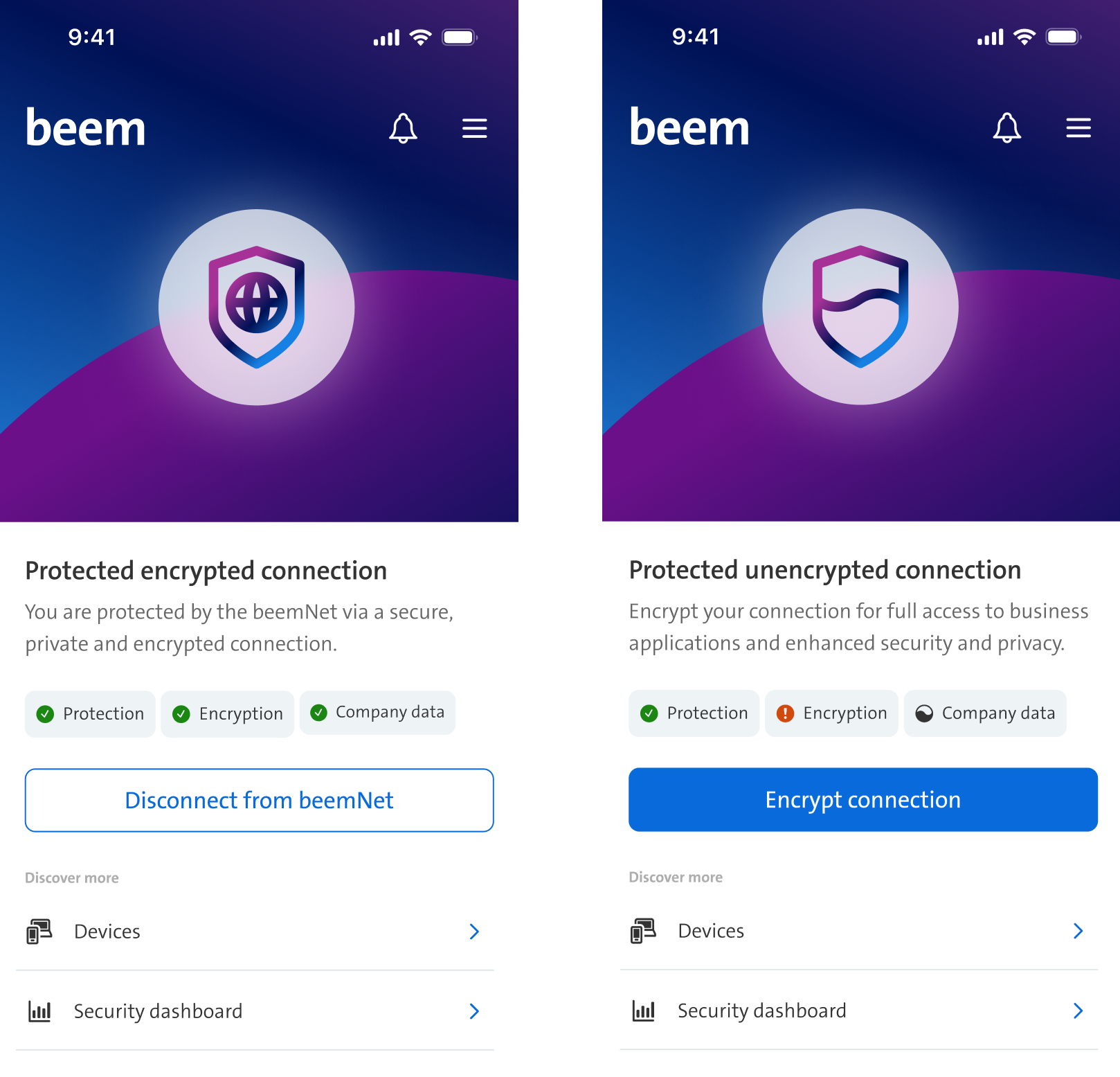 Startbildschirm der beem App in verschiedenen Verbindungszuständen